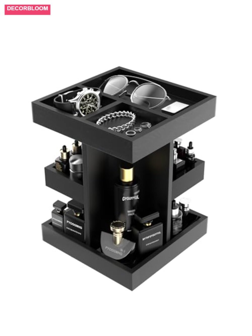 360 Rotating Cologne Organizer, Wood & Iron Perfume Display Rack, Vanity Storage